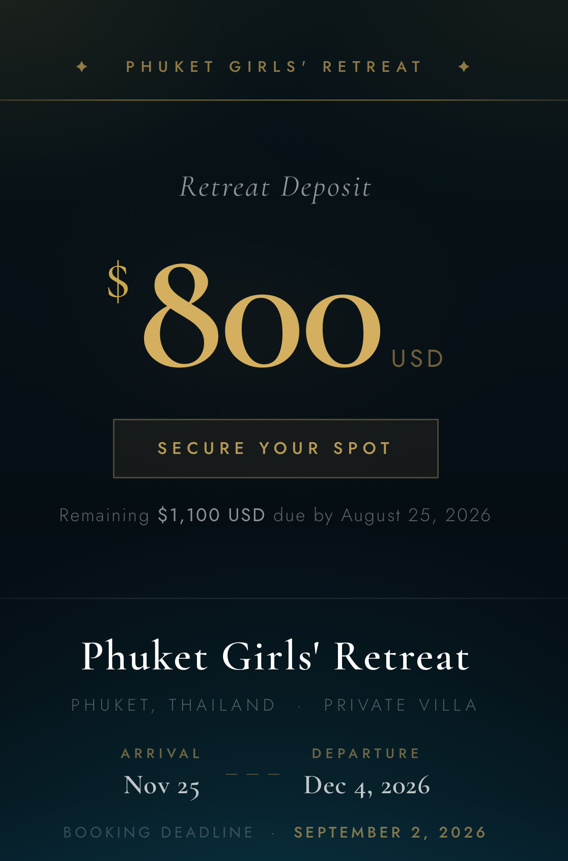 Retreat Deposit $800 USD